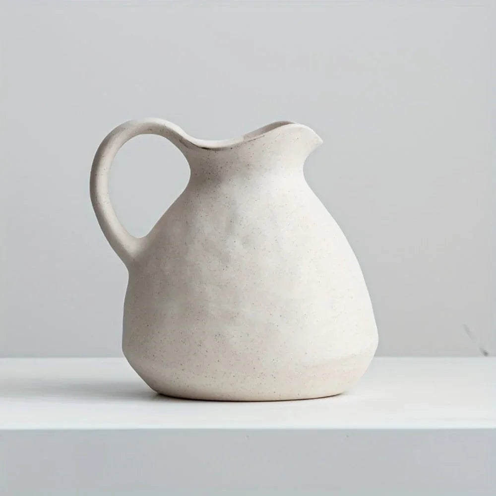 Ceramic Kettle Vase, Rustic White Cylinder Pottery with Handle, front view - House Of Avana [[SKU:HOA-VAS-022]]