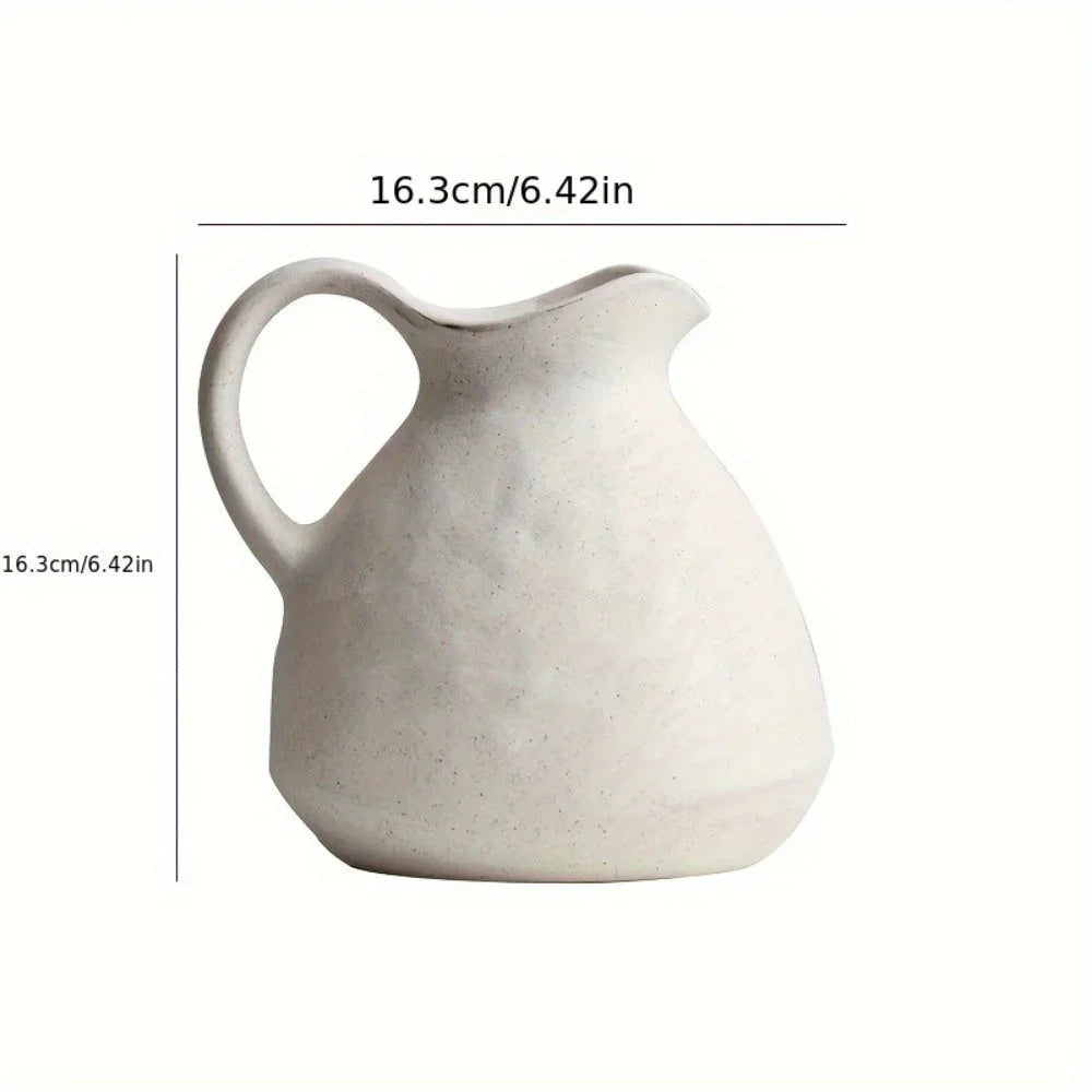 Ceramic Kettle Vase, Rustic White Cylinder Pottery with Handle, side view - House Of Avana [[SKU:HOA-VAS-022]]