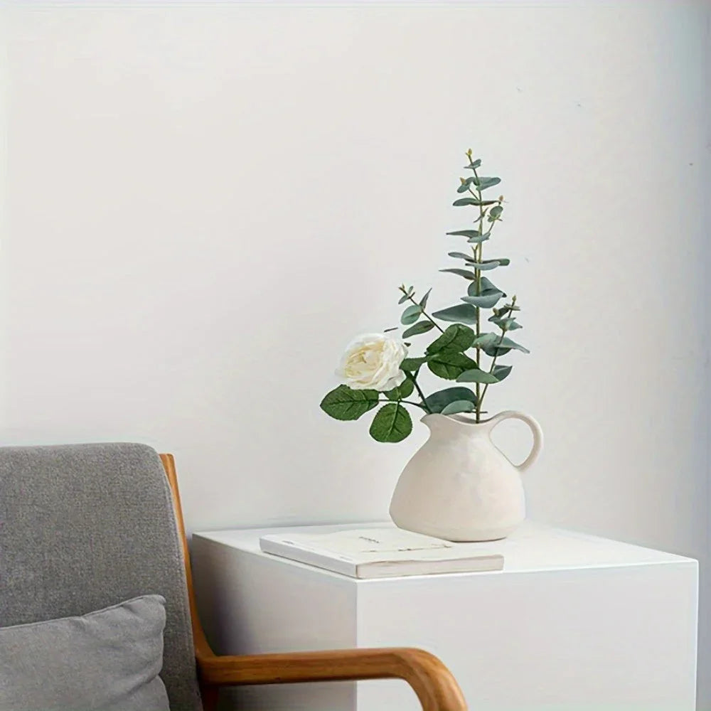Ceramic Kettle Vase, Rustic White Cylinder Pottery with Handle, top view - House Of Avana