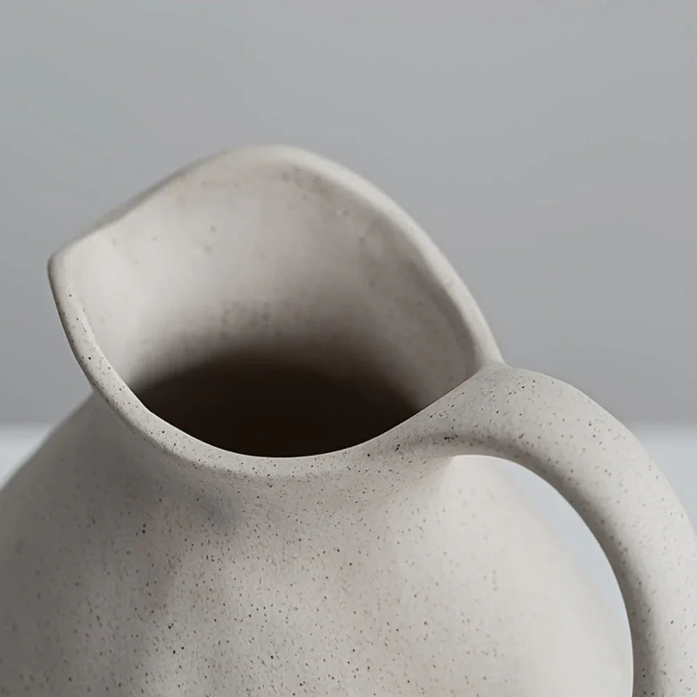 Ceramic Kettle Vase, Rustic White Cylinder Pottery with Handle, angled view - House Of Avana