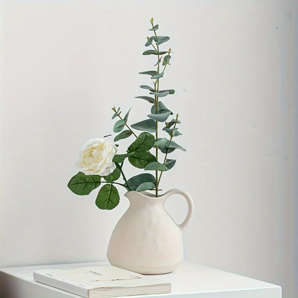 Ceramic Kettle Vase, Rustic White Cylinder Pottery with Handle, lifestyle image - House Of Avana