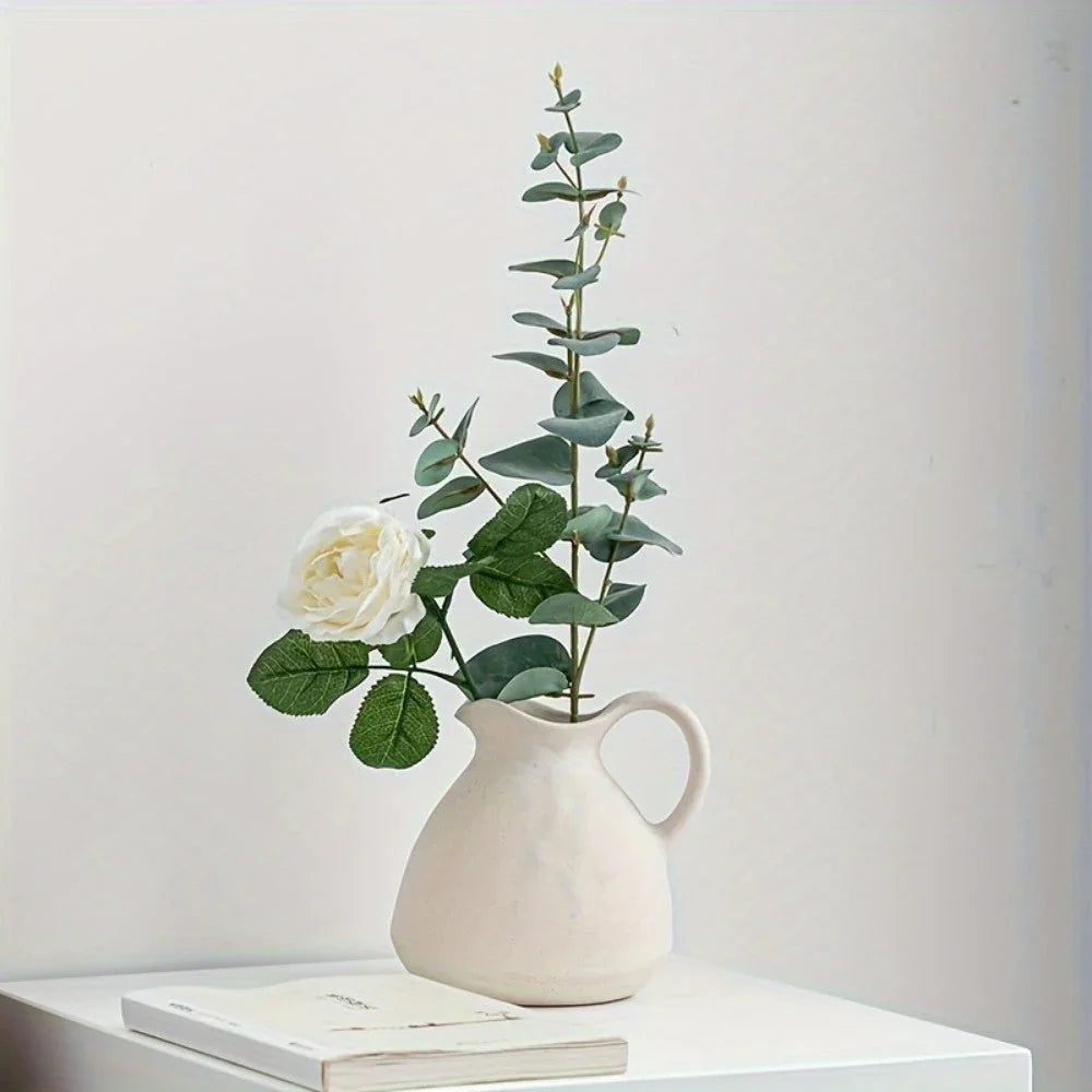 Ceramic Kettle Vase, Rustic White Cylinder Pottery with Handle, lifestyle image - House Of Avana [[SKU:HOA-VAS-022]]