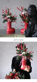 Ceramic Red Vase Planter with Snowflake & Ornament Design - House Of Avana