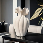 Striped ceramic vase with skirt design, white and blue texture - House of Avana [[SKU:HOA-VAS-023]]