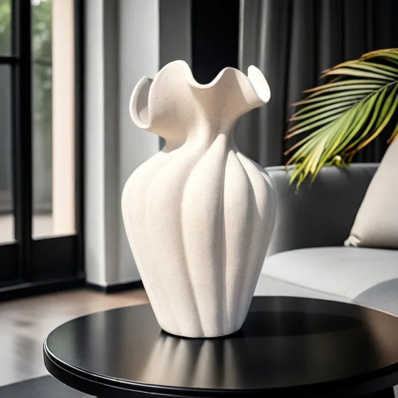 Striped ceramic vase with skirt design, white and blue texture - House of Avana