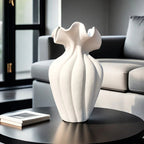 Striped ceramic vase with skirt design, white and blue texture - House of Avana [[SKU:HOA-VAS-023]]
