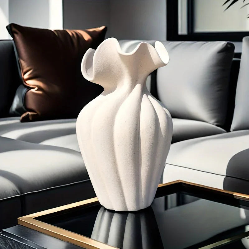 Striped ceramic vase with skirt design, white and blue texture - House of Avana