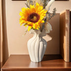 Striped ceramic vase with skirt design, white and blue texture - House of Avana