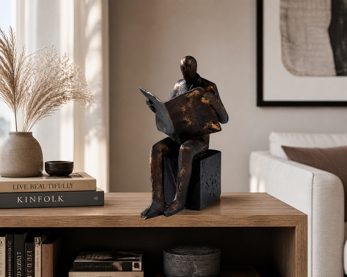 Reader Bookend Sculpture – Black Resin [[SKU:HOA-BKE-001]]
