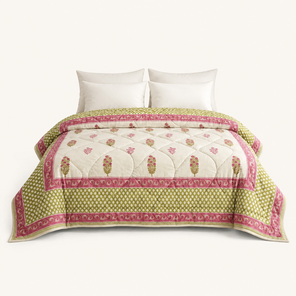 Cream & Deep Rose Floral Jaipur Indian Hand Block Print Quilted Comforter