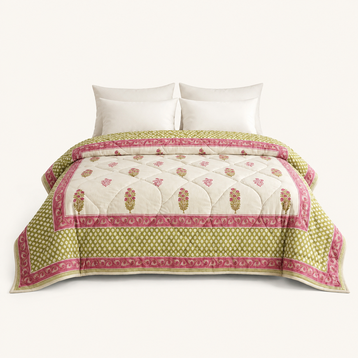 Cream & Deep Rose Floral Jaipur Indian Hand Block Print Quilted Comforter