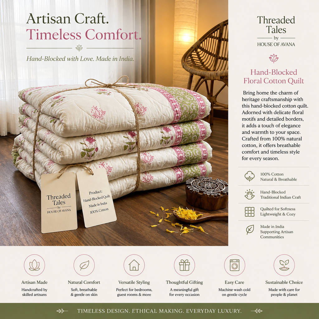 Cream & Deep Rose Olive Floral Jaipur Indian Hand Block Print Quilted Comforter