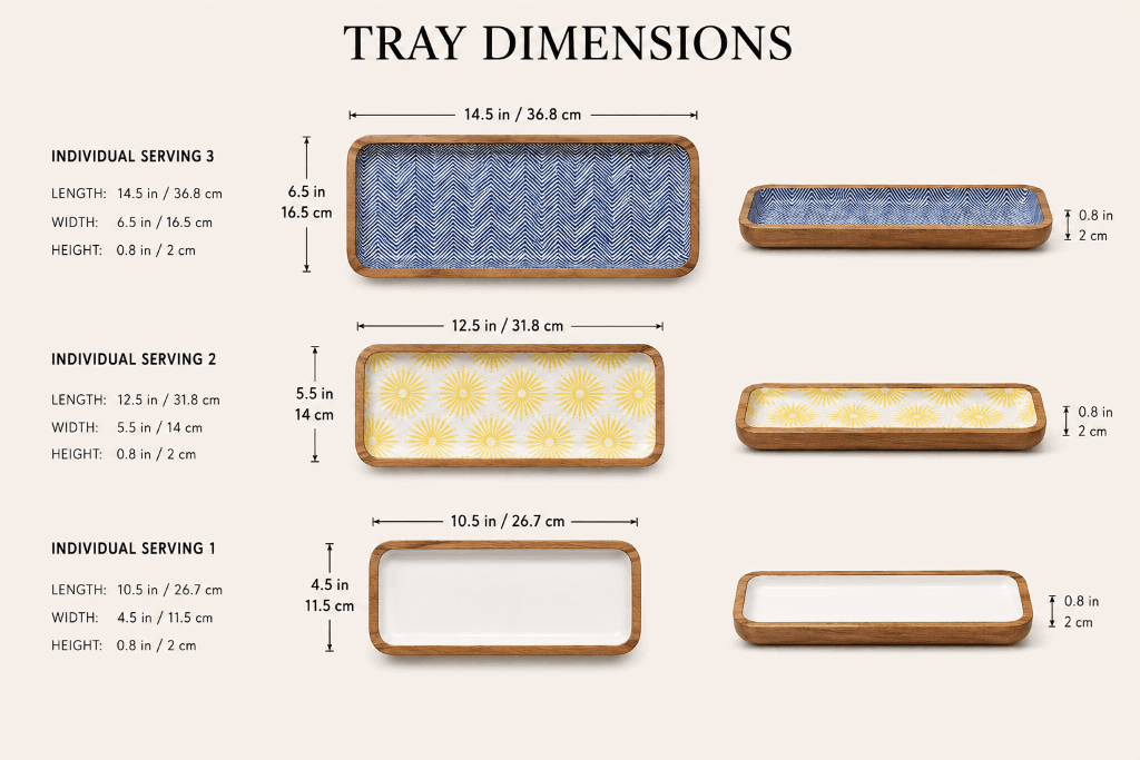 A dimension chart titled 'TRAY DIMENSIONS' showing three rectangular serving trays with wood rims and different printed designs, labeled Individual Serving 1, 2, and 3, with measurements in inches and centimeters on a light beige background. [[SKU:HOA-MOR-KIT-028]]