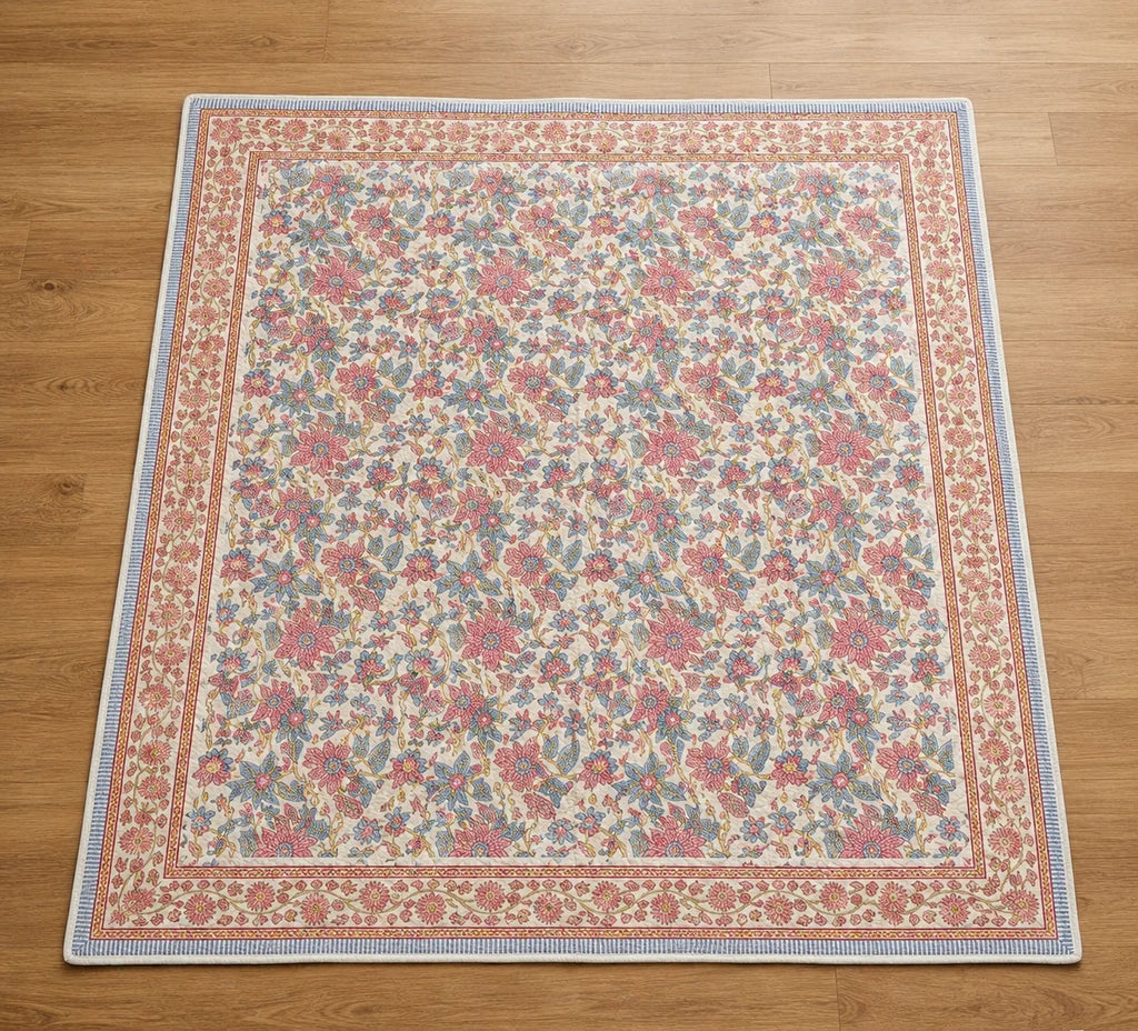 Cream & Rose Pink Dusty Blue Jaipur Indian hand block print floral quilted comforter | hand block printed muslin cotton quilt Jaipur India | Indian handicraft bedding | Sanganer floral comforter Queen King | artisan block print | House of Avana
