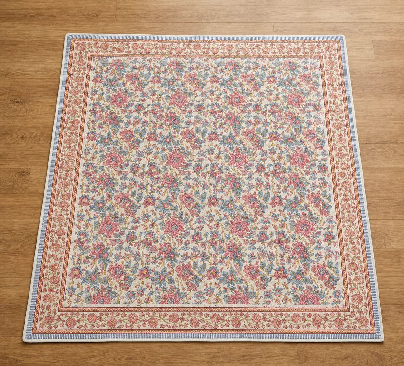 Cream & Rose Pink Dusty Blue Jaipur Indian hand block print floral quilted comforter | hand block printed muslin cotton quilt Jaipur India | Indian handicraft bedding | Sanganer floral comforter Queen King | artisan block print | House of Avana
