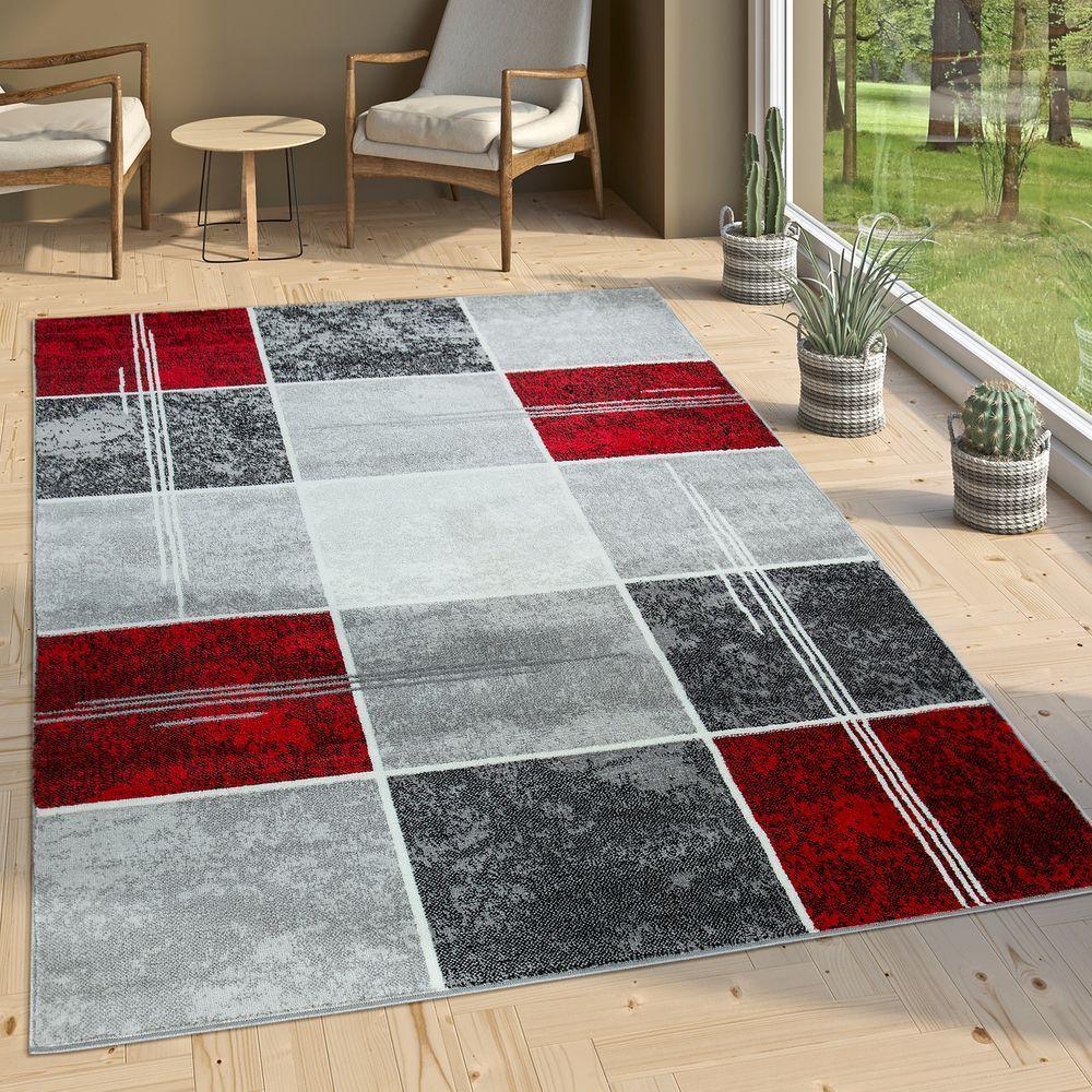Checked Area Rug Marble Effect Modern Grey Red, front view - House Of Avana
