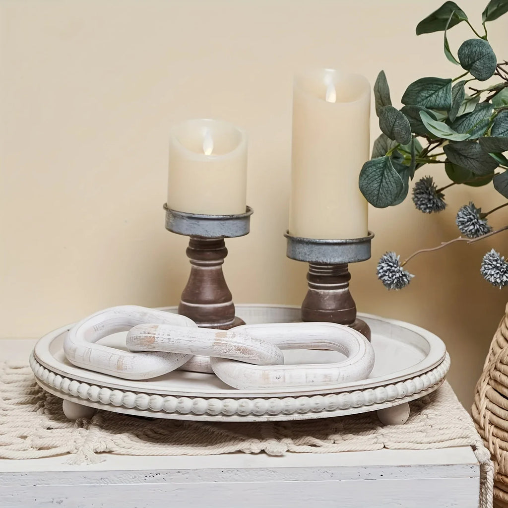 Chic 30.48cm White Wood Beaded Round Tray - Perfect for Living Room, Coffee Table & Farmhouse Decor |... - House Of Avana
