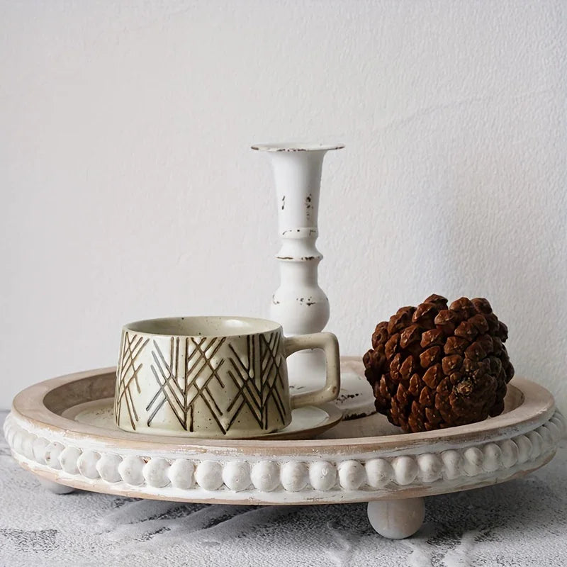 Chic 30.48cm White Wood Beaded Round Tray - Perfect for Living Room, Coffee Table & Farmhouse Decor |... - House Of Avana