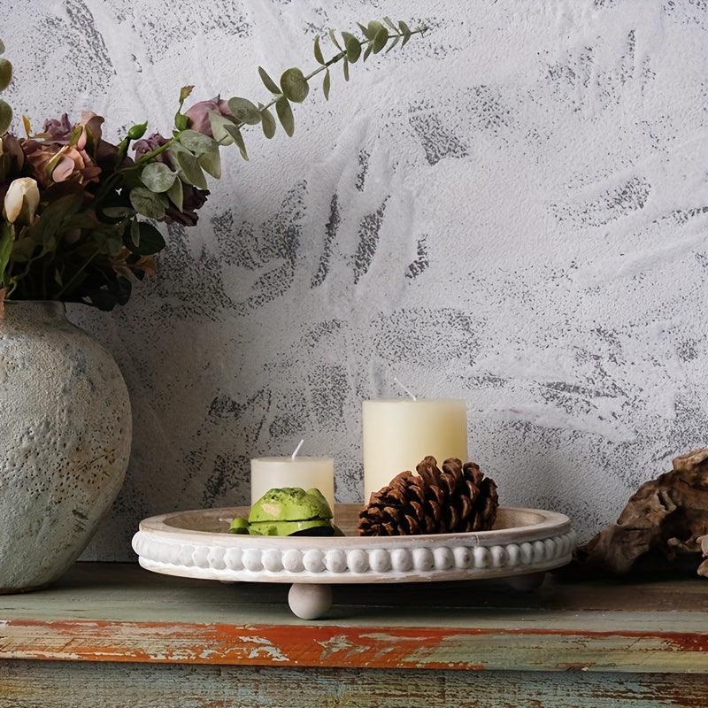 Chic 30.48cm White Wood Beaded Round Tray - Perfect for Living Room, Coffee Table & Farmhouse Decor |... - House Of Avana