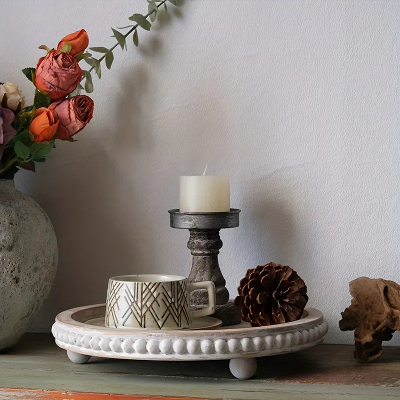 Chic 30.48cm White Wood Beaded Round Tray - Perfect for Living Room, Coffee Table & Farmhouse Decor |... - House Of Avana