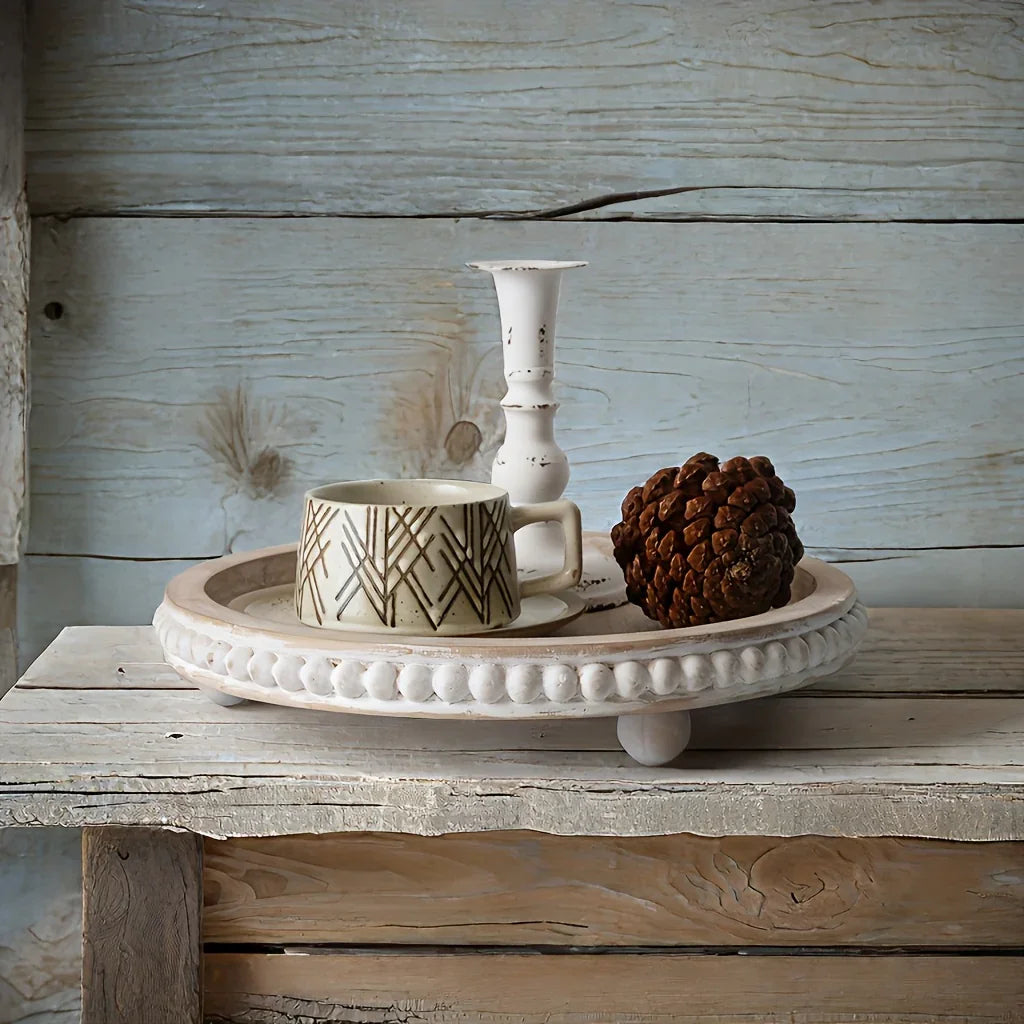 Chic 30.48cm White Wood Beaded Round Tray - Perfect for Living Room, Coffee Table & Farmhouse Decor |... - House Of Avana [[SKU:HOA-COF-020]]