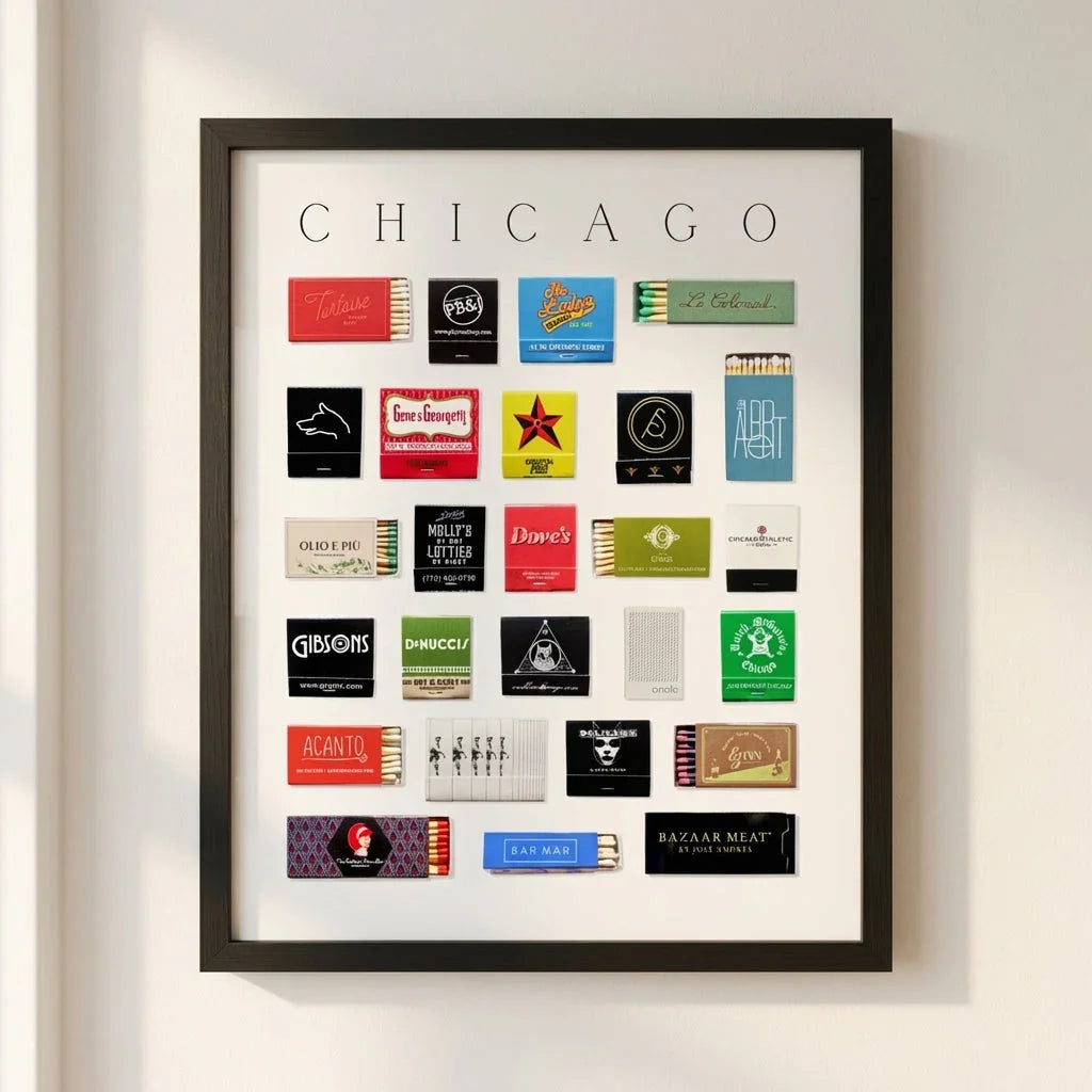 Framed Chicago matchbook collection art print for modern living room wall decor - House of Avana paintings and posters