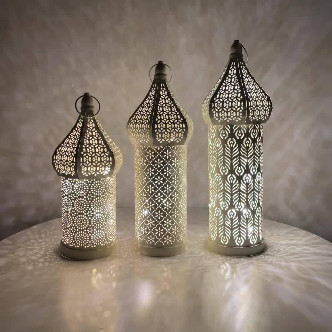 Christmas Decoration Led Illuminated Wind Lantern Iron Art Ornament, New Moroccan White Iron Hollow... - House Of Avana