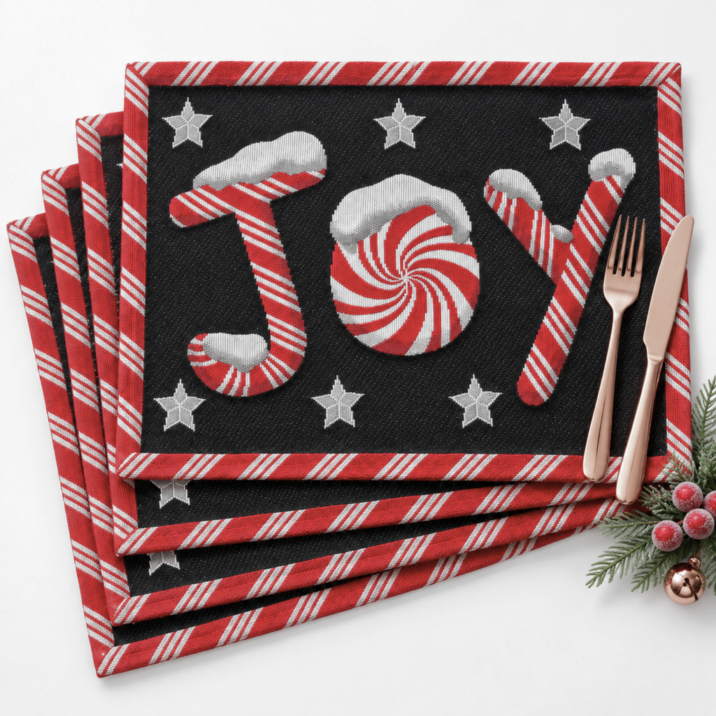 DaDa Bedding Set of 4-Pieces Peppermint Joy Holiday Tapestry Placemats 13” x 19” (12904)