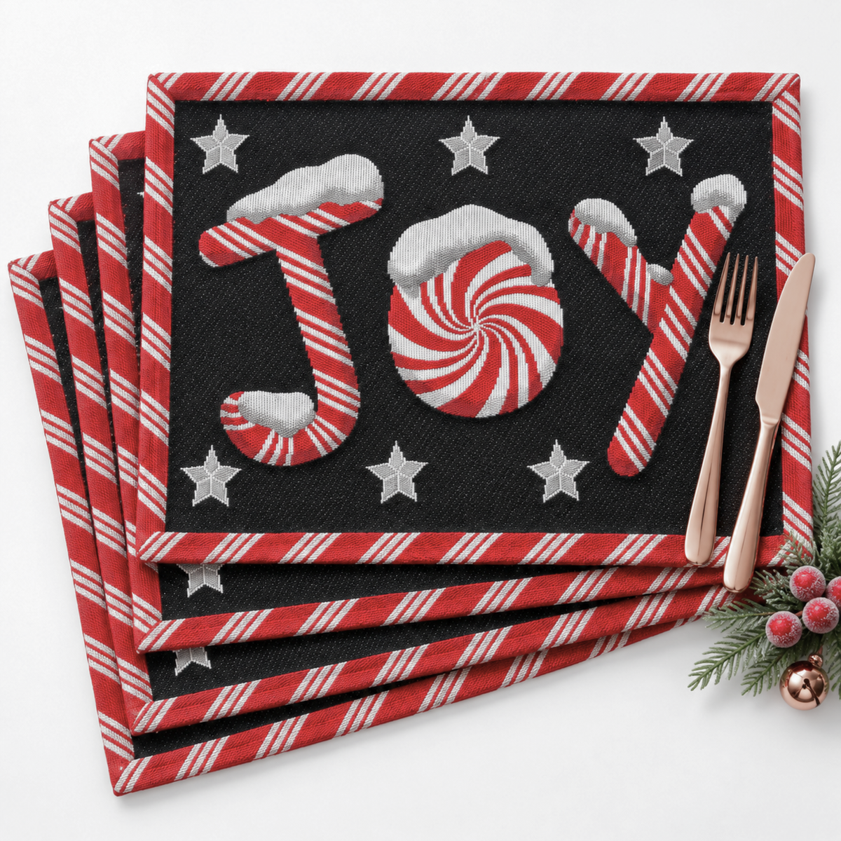 DaDa Bedding Set of 4-Pieces Peppermint Joy Holiday Tapestry Placemats 13” x 19” (12904)