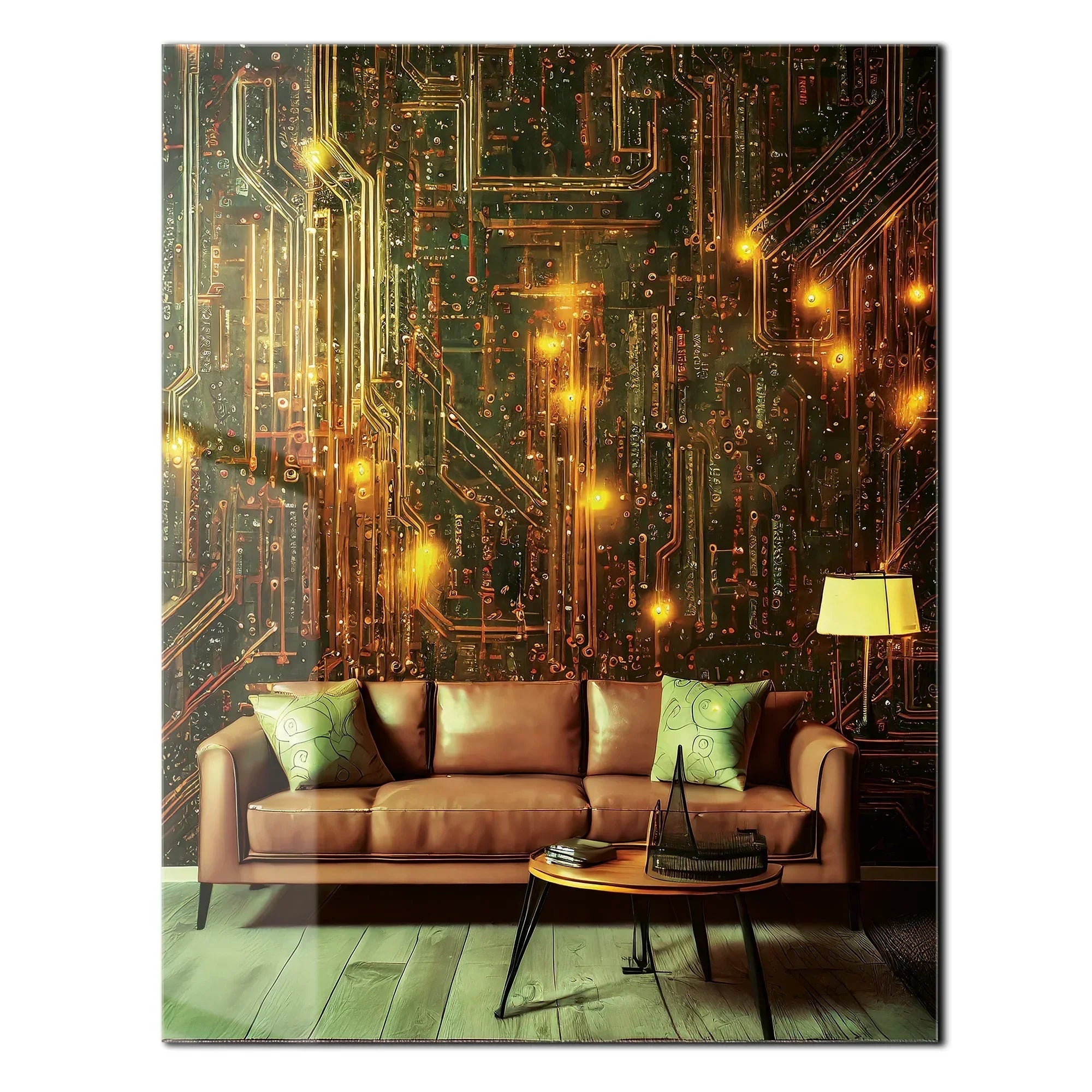 Circuit Board Living Room Glass Wall Art – Futuristic Tech-Inspired Home Scene-KAFCD010 Peony Atelier