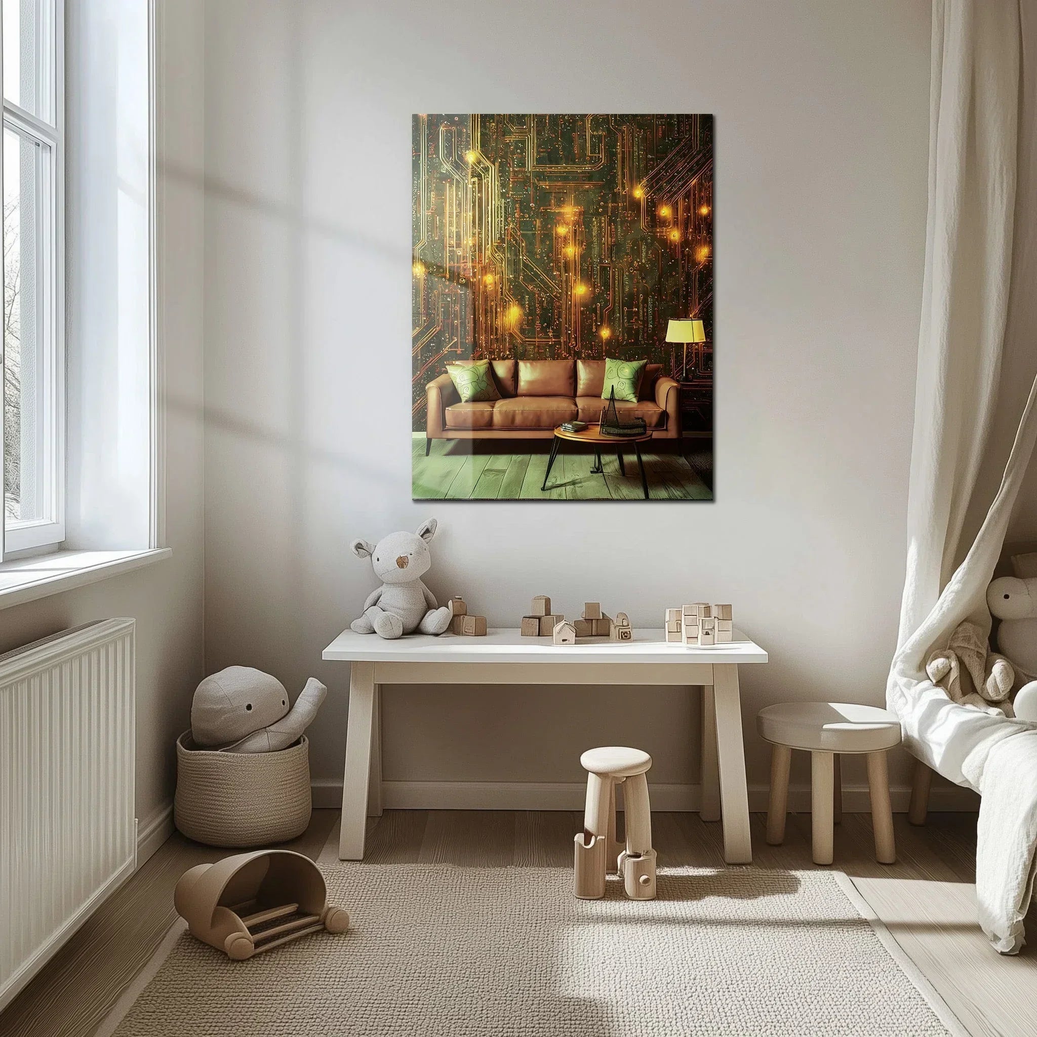 Circuit Board Living Room Glass Wall Art – Futuristic Tech-Inspired Home Scene-KAFCD010 Peony Atelier