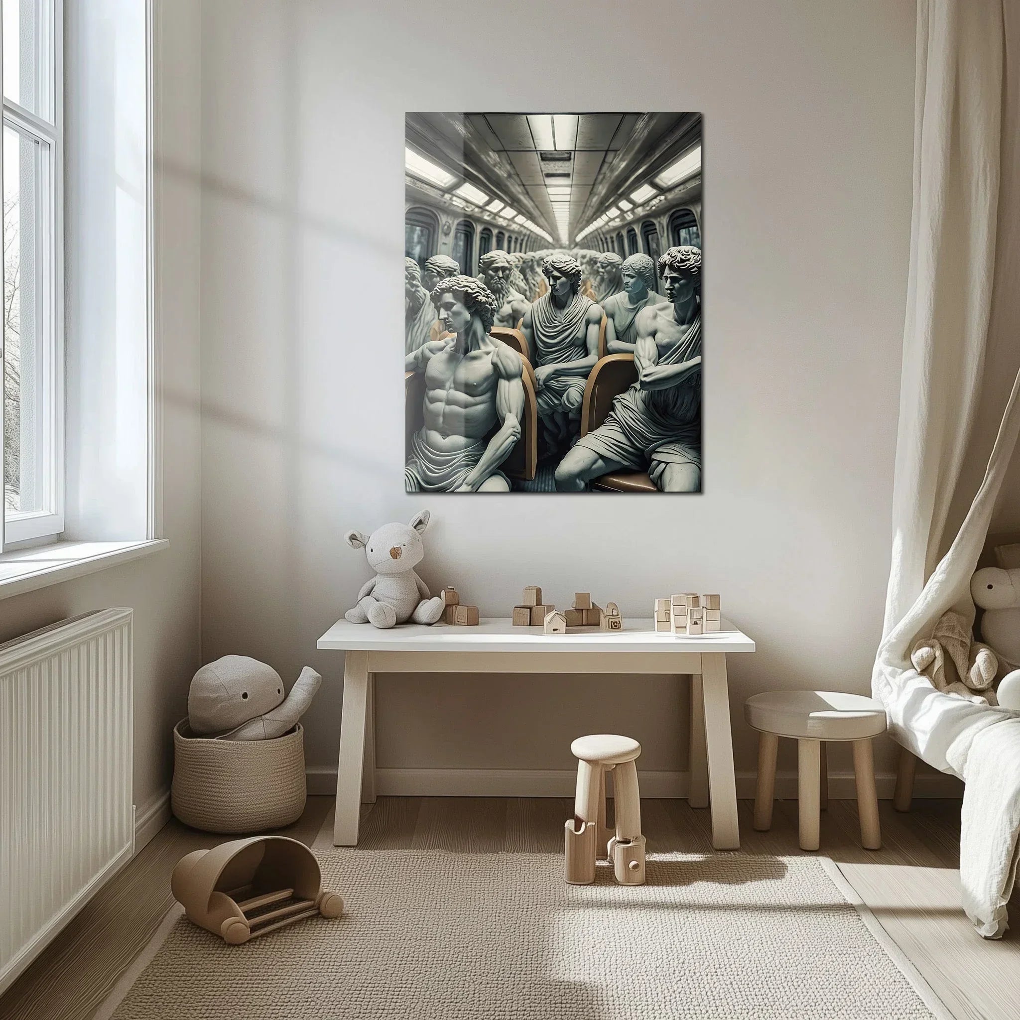 Classical Commuters UV Glass Wall Art – Greek Sculptures on a Subway Ride - KAFCD092 Peony Atelier