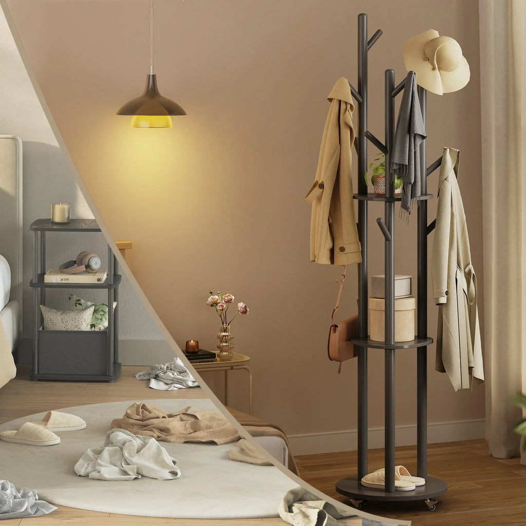 Freestanding Coat Rack Stand, Coat Tree with 11 Hooks, 3 Shelves, 4 Removable Wheels, for Hallway, Bedroom, Living Room House Of Avana [[SKU:HOA-CHS-001]]