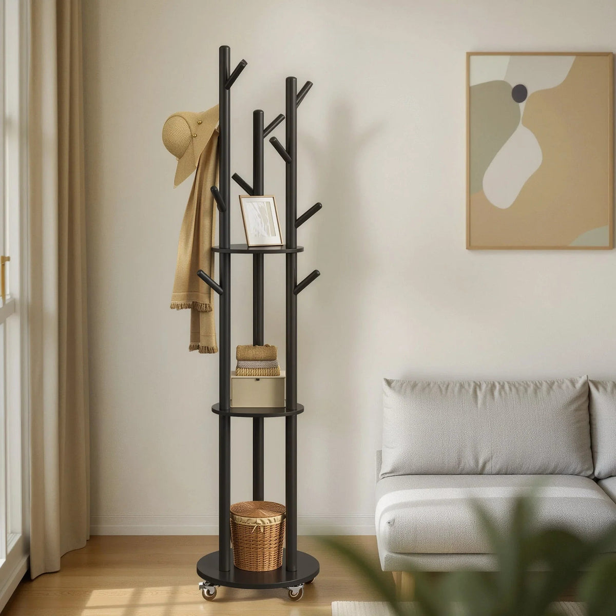 Freestanding Coat Rack Stand, Coat Tree with 11 Hooks, 3 Shelves, 4 Removable Wheels, for Hallway, Bedroom, Living Room House Of Avana [[SKU:HOA-CHS-001]]