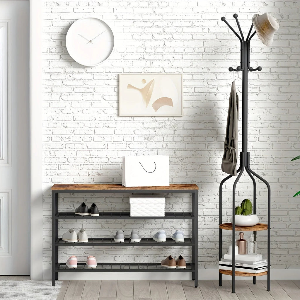 Coat Rack with Round Shelves and Hooks, 182.88 Cm Tall Steel Frame Multifunctional Clothes Scarf Hat... - House Of Avana