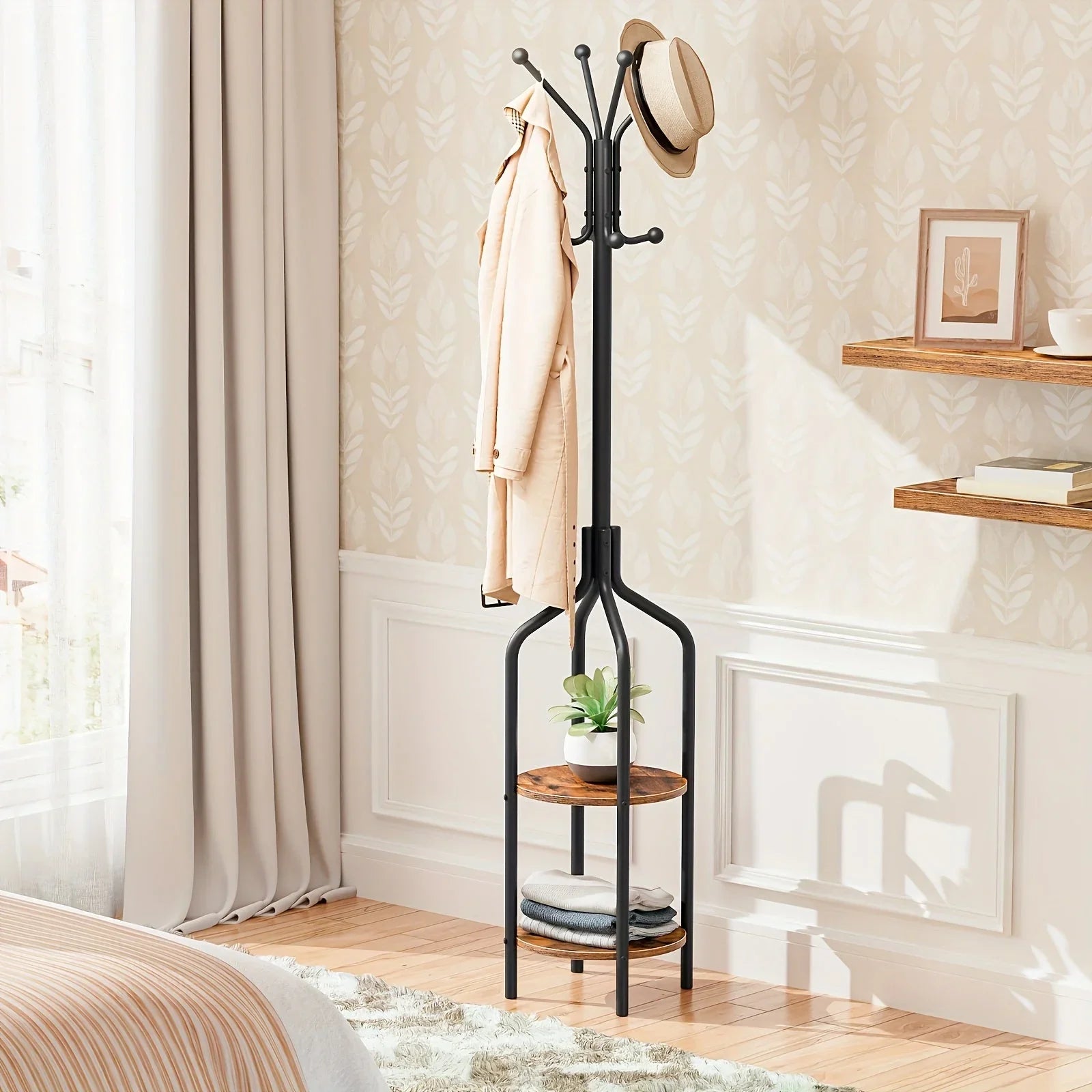 Coat Rack with Round Shelves and Hooks, 182.88 Cm Tall Steel Frame Multifunctional Clothes Scarf Hat... - House Of Avana