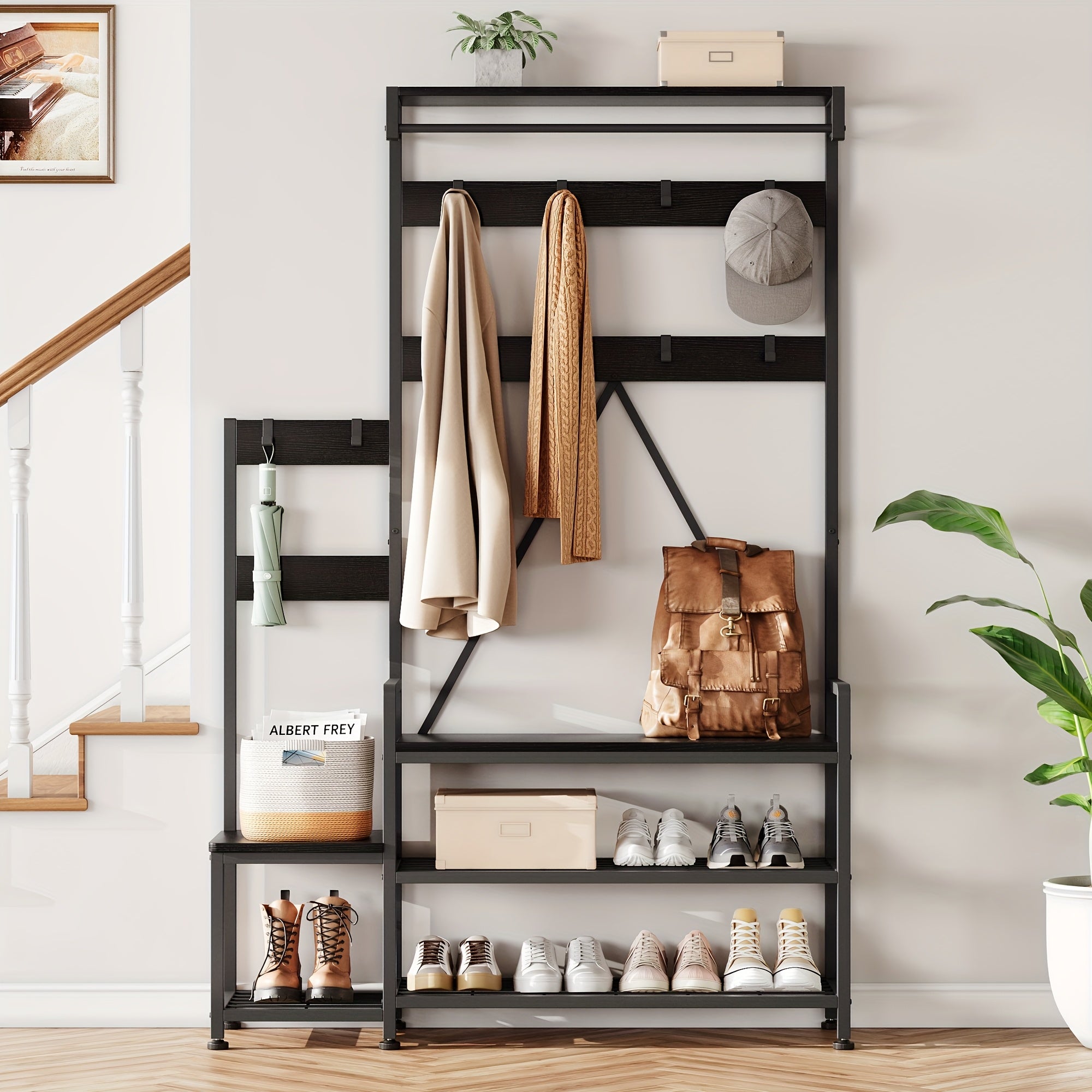 Industrial Hall Tree with Bench & Shoe Storage House Of Avana