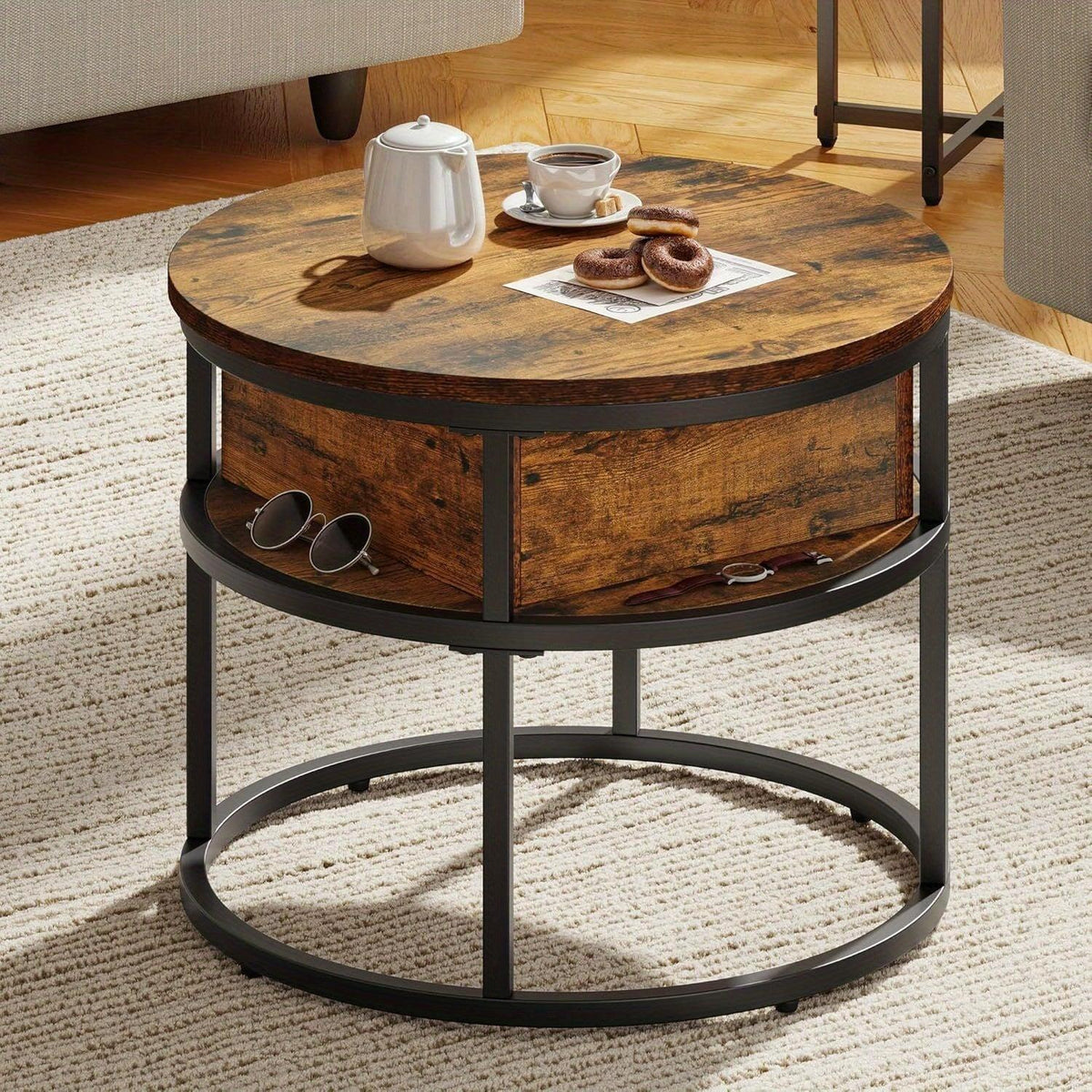 Vintage-Style 60cm Round Coffee Table with Adjustable Height, Lift-Top Storage Design, and Softwood Top - Black, Multi-Functional Space-Saving Furniture for Living Room or Office, Coffee Table Decor House Of Avana [[SKU:HOA-COF-008]]