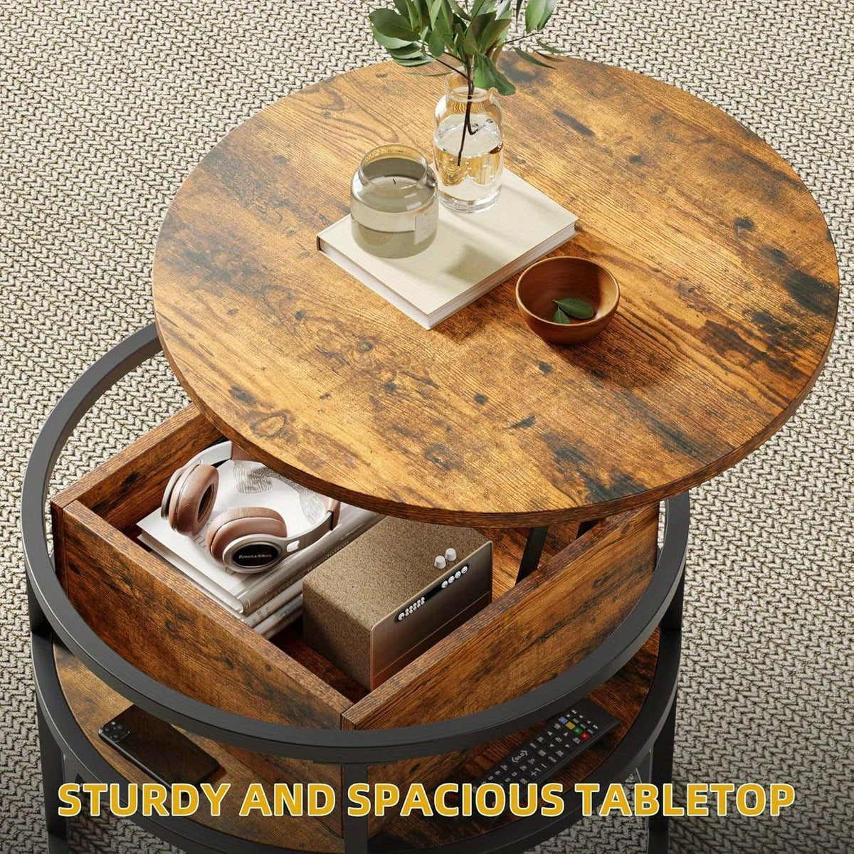 Vintage-Style 60cm Round Coffee Table with Adjustable Height, Lift-Top Storage Design, and Softwood Top - Black, Multi-Functional Space-Saving Furniture for Living Room or Office, Coffee Table Decor House Of Avana [[SKU:HOA-COF-008]]