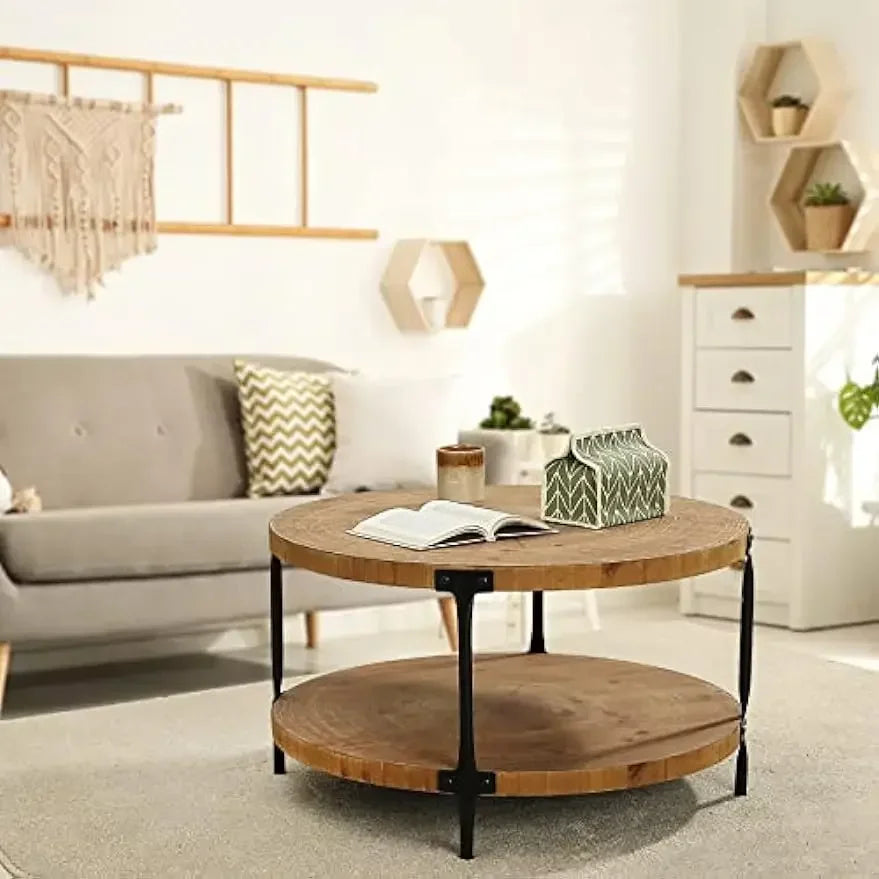 Round wooden coffee table with black metal legs and lower shelf in natural wood for living room use