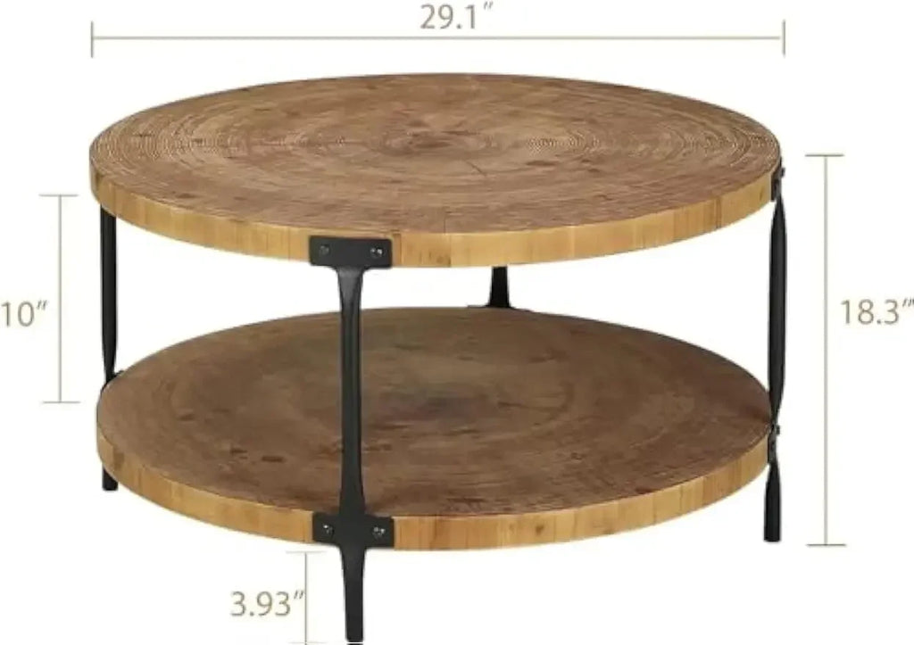 Rustic round coffee table with two natural wood tiers and black metal legs for living room use
