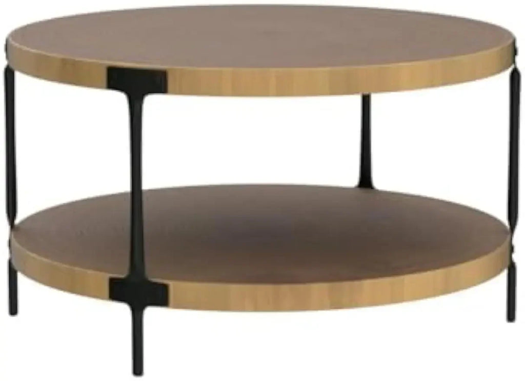 Modern round coffee table with two tiers featuring natural light wood tops and black metal legs for living room use