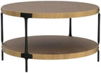 Modern round coffee table with two tiers featuring natural light wood tops and black metal legs for living room use