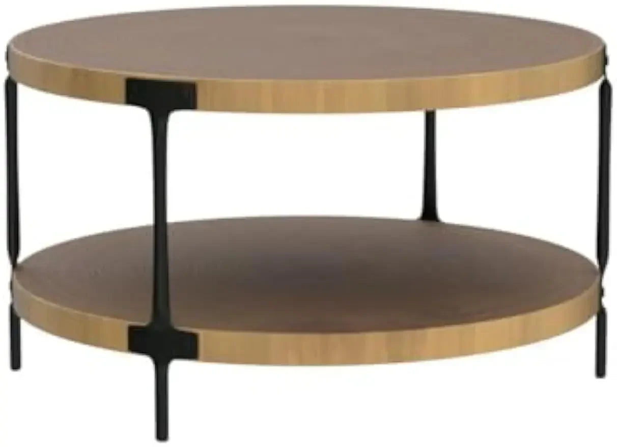 Modern round coffee table with two tiers featuring natural light wood tops and black metal legs for living room use