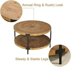 Rustic two-tier round coffee table with natural wood tops and black metal legs for living room use
