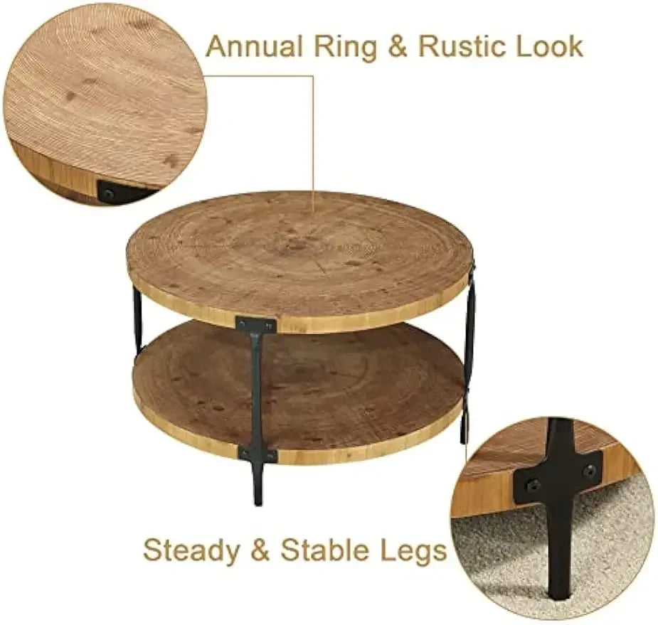 Rustic two-tier round coffee table with natural wood tops and black metal legs for living room use