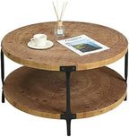 Rustic round coffee table with two natural wood tiers and black metal legs for living room use