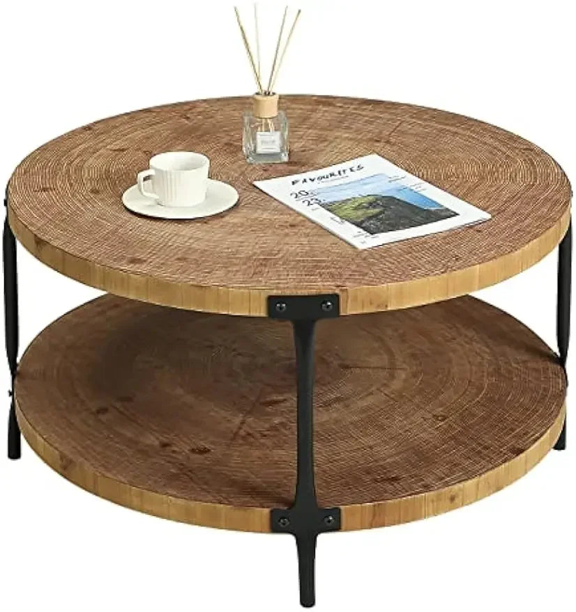 Rustic round coffee table with two natural wood tiers and black metal legs for living room use
