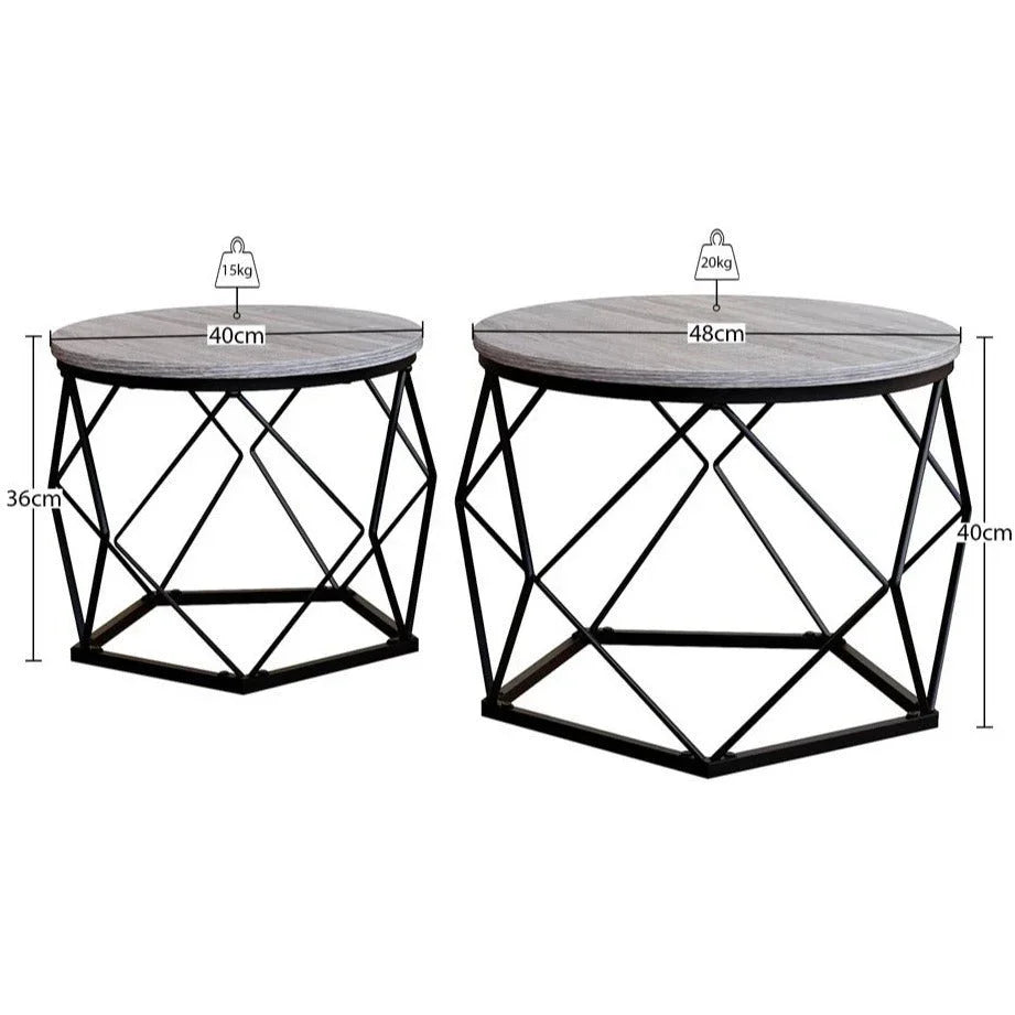 Set of 2 Geometric Nesting Coffee & Side Table, Industrial Style Nest of 2 Geometric Tables Coffee Sofa Side End Table Living Room Furniture, Dark Wood, Grey and Marble House Of Avana [[SKU:HOA-END-404]]