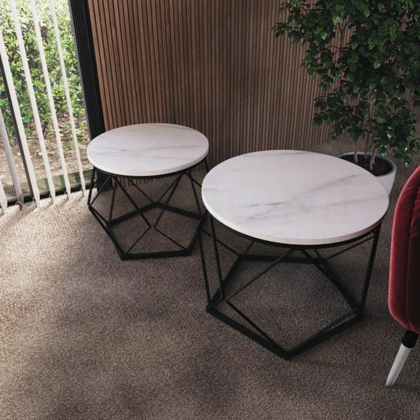 Set of 2 Geometric Nesting Coffee & Side Table, Industrial Style Nest of 2 Geometric Tables Coffee Sofa Side End Table Living Room Furniture, Dark Wood, Grey and Marble House Of Avana [[SKU:HOA-END-404]]
